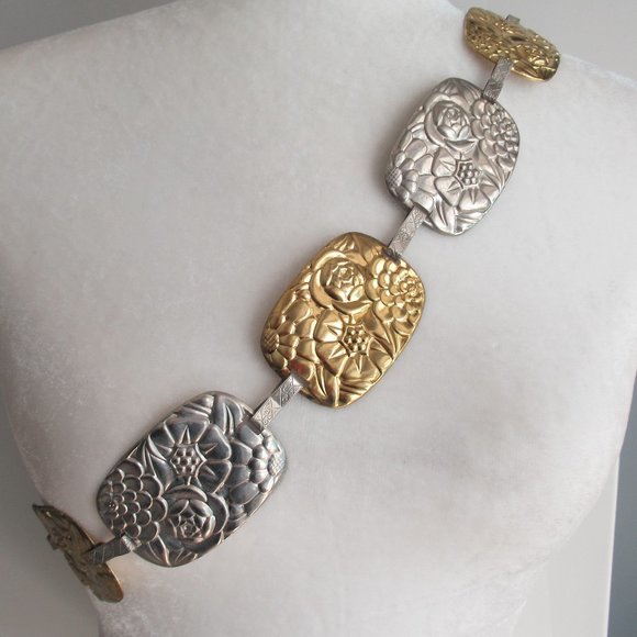 Boho Southwestern Two Tone Metal Floral Chain Belt VTG 36” Long Silver Gold tone - Picture 1 of 11